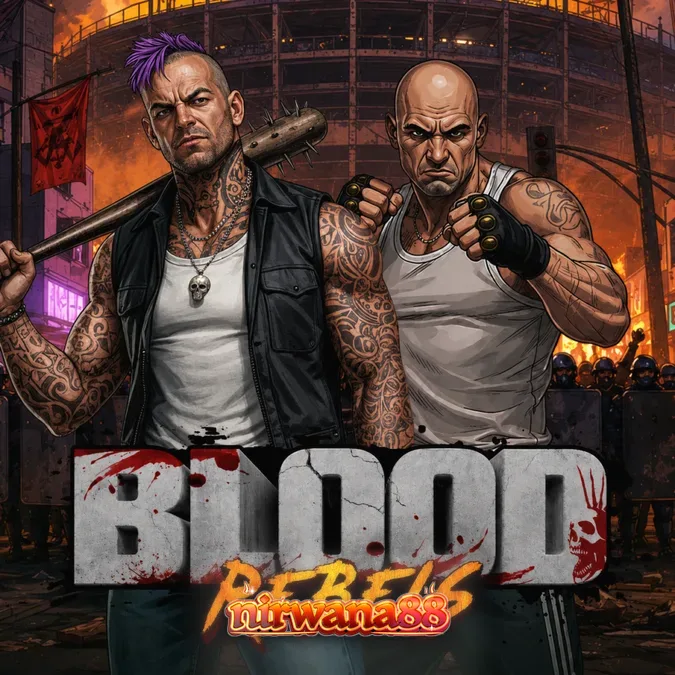 Tampilan visual slot Blood Rebels dengan tema pemberontakan jalanan yang intens