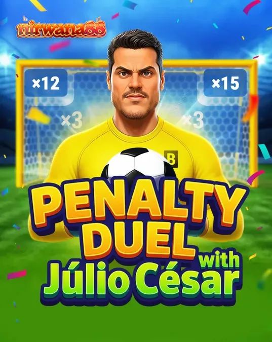 Tampilan antarmuka permainan Penalty Duel dengan Júlio César yang menampilkan gawang dan kiper.