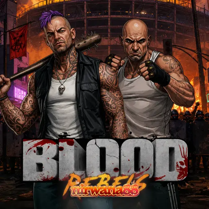 Tampilan visual slot Blood Rebels dengan tema pemberontakan jalanan yang intens.